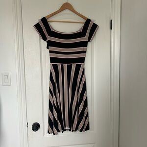 LOFT Black and Blush Striped Fit-and-Flare Midi Dress